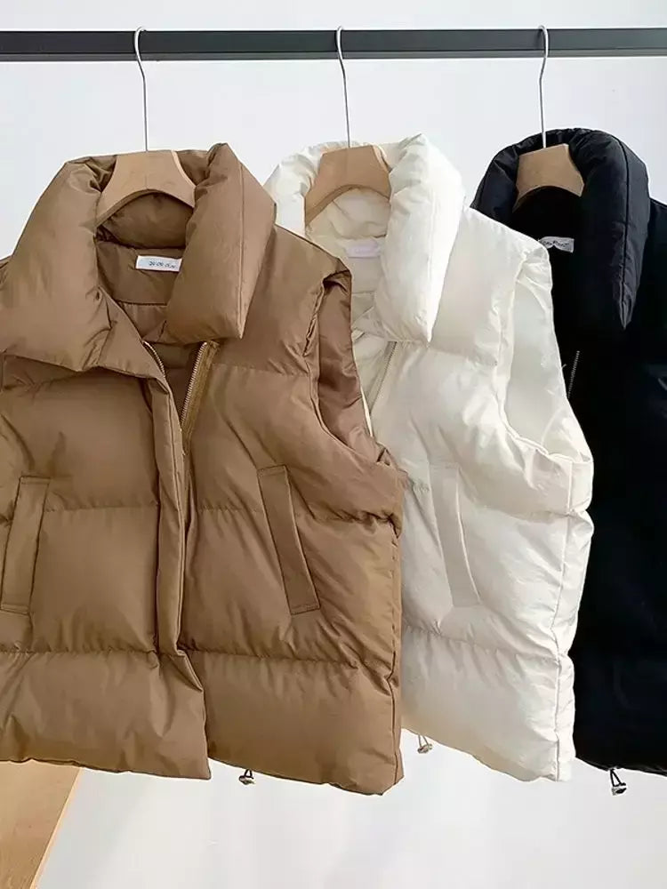 Jaqueta casual grossa solta feminina, casaco com gola simulada, zíper para cima, colete quente sólido, jaqueta puffer, outono, inverno, 2023
