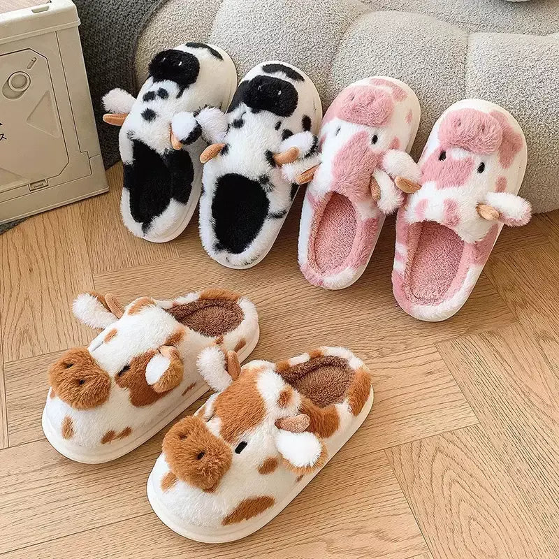 Inverno feminino quente dos desenhos animados chinelos de vaca dedo do pé fechado antiderrapante peludo casa sapatos feminino quarto interior sola grossa chinelos de pelúcia