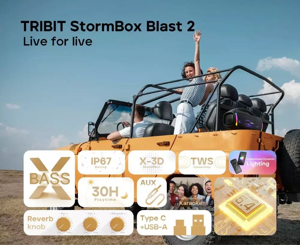 TRIBIT StormBox Blast 2 - Caixa de som Bluetooth potente, 200 W de potência com subwoofer, caixa de som grande, à prova d'água IP67, 30 h de reprodução, controle por aplicativo, LED RGB, para karaokê de festa