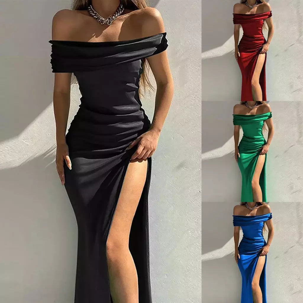 Elegante vestido de noite feminino, Monocromático, Ombro Fora, Sexy, Divisão para o Lado Alto, Luxo, Formal, Sexy, senhoras, Festa, Noite