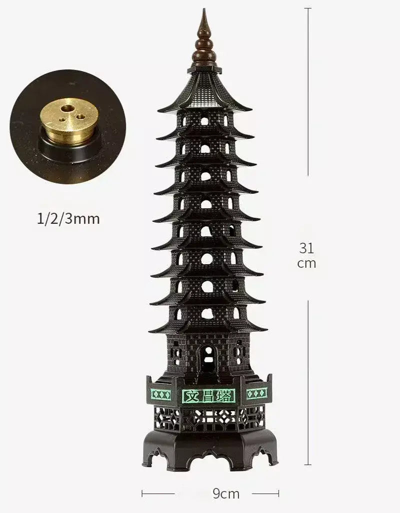 Queimador de incenso de liga chinesa, decoração tradicional cultural para casa, arquitetura, nove histórias, torre wenchang, sala de estar, escritório, ornamentos