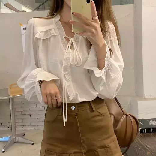 Xpqbb-Blusa de chiffon com decote em V para mulheres, camisas soltas com renda, manga comprida, babados, streetwear feminino, roupas coreanas, primavera e outono, 2024