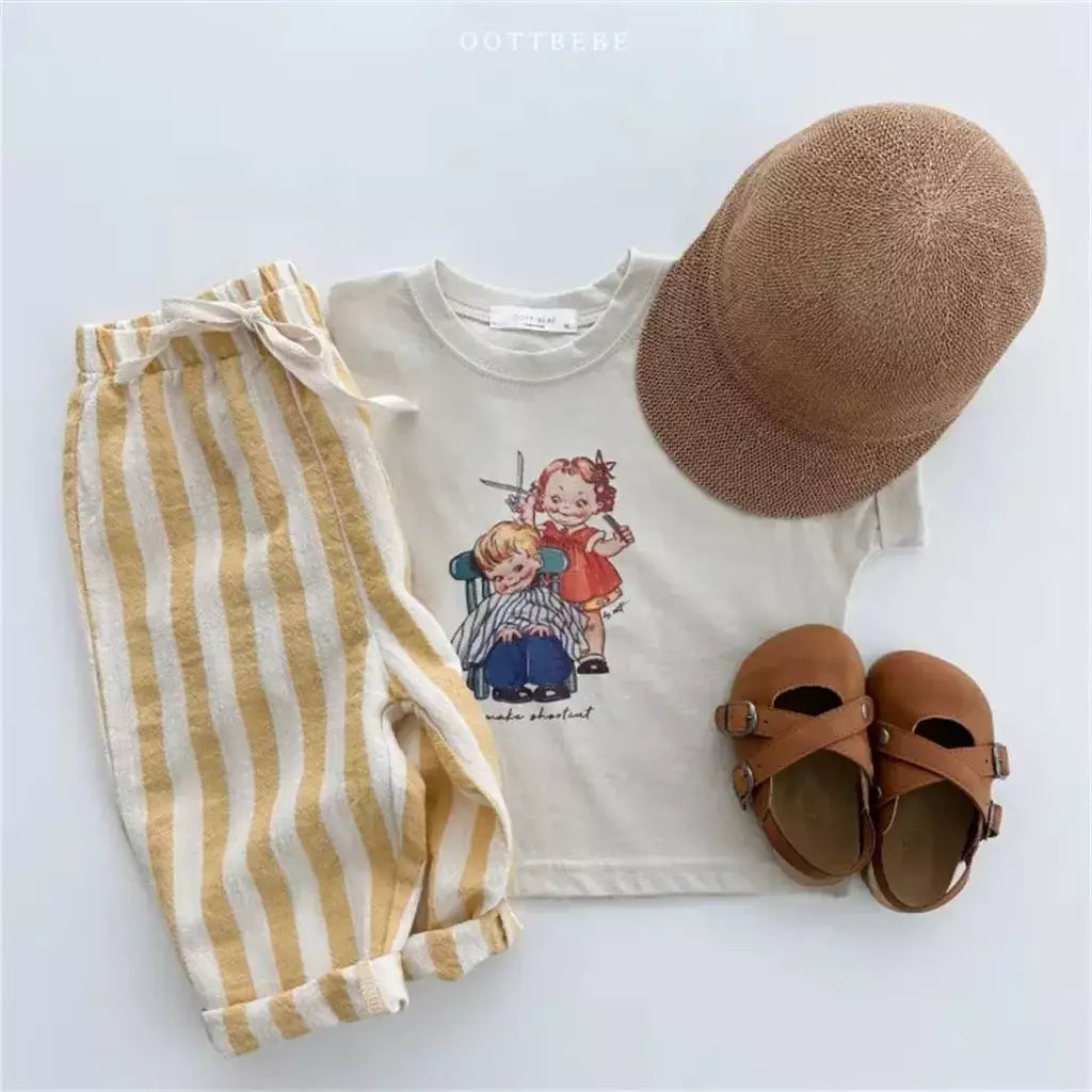 Calças listradas de algodão de linho vintage para meninos casual bolso design elásticos calças de cintura para criança menina roupas crianças