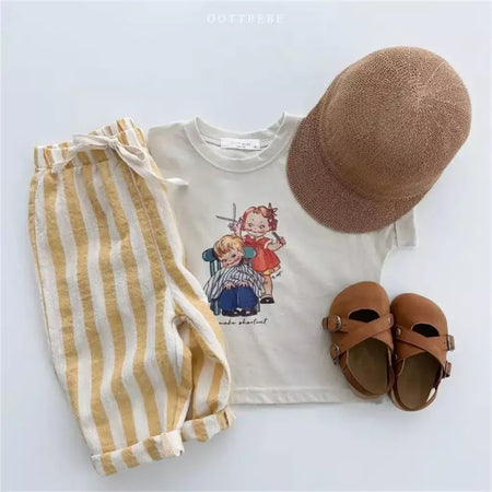 Calças listradas de algodão de linho vintage para meninos casual bolso design elásticos calças de cintura para criança menina roupas crianças