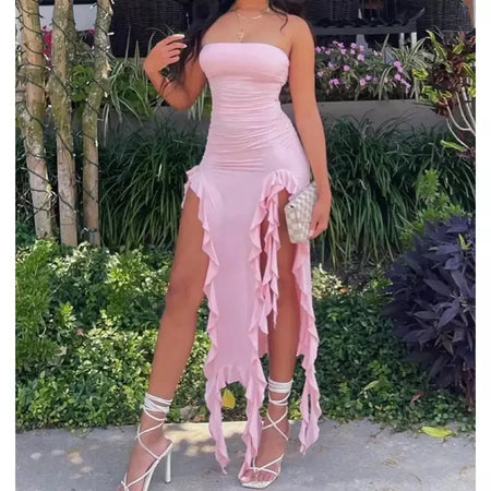 Mulheres sem alças sexy floral dobra hemline alta fenda mini vestido 2024 sólido sem costas sem mangas preto e rosa vestido de festa