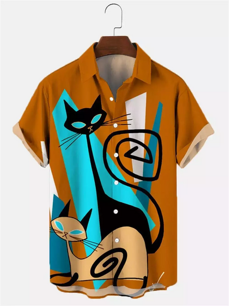 Camisa havaiana dos desenhos animados de anime masculino, Tops de manga curta, roupas casuais masculinas, rua, animais, gatos, retrô, 3D Tees, verão