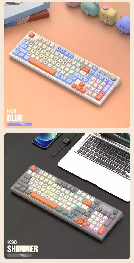 Teclado sem fio multifuncional, Luz do arco-íris, 2.4G, Bluetooth, Conexão de modo duplo, Adequado para computador e laptop, 98 teclas