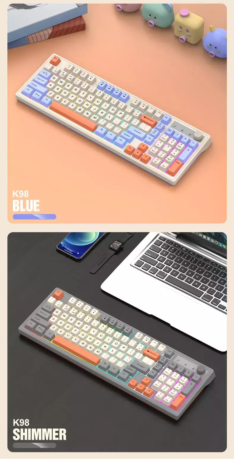 Teclado sem fio multifuncional, Luz do arco-íris, 2.4G, Bluetooth, Conexão de modo duplo, Adequado para computador e laptop, 98 teclas