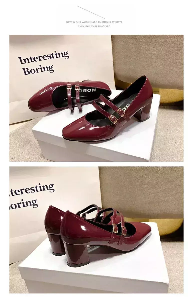Sapatos Mary Janes de fivela dupla feminina, couro envernizado, cabeça quadrada, salto quadrado, cor sólida, primavera, outono, 2022