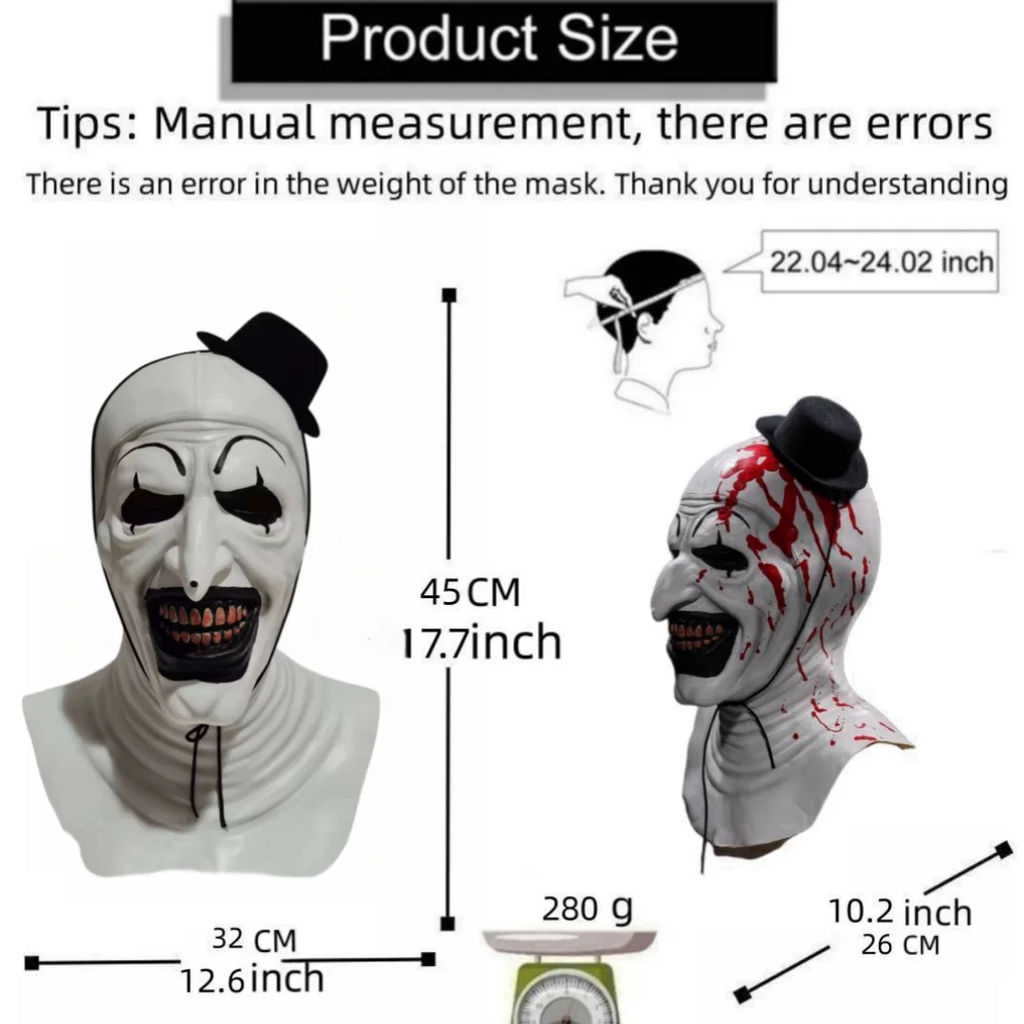 Horror Terrifier Palhaço Cosplay Máscara, Látex, Suave, Demônio, Mal, Coringa, Festa de Halloween, Fantasia, Adulto, Tamanho Único