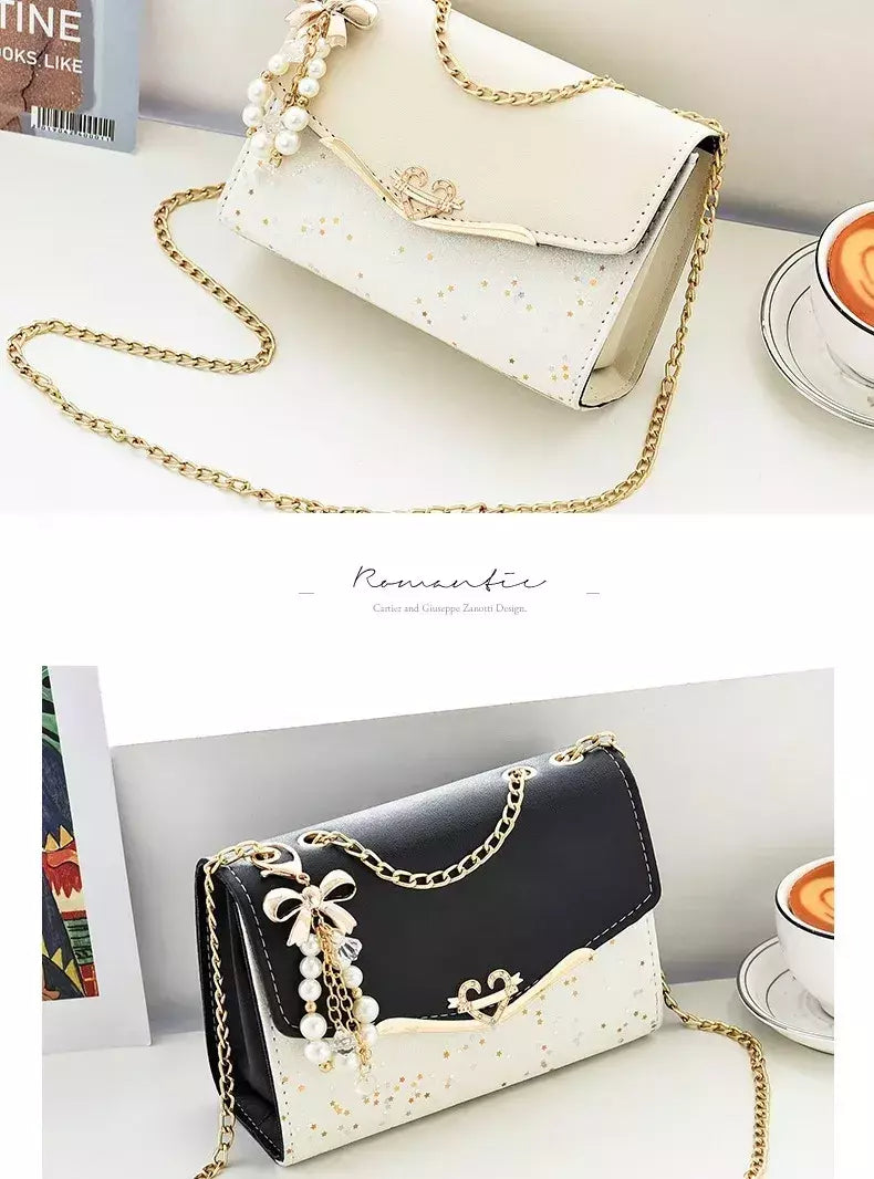 Lantejoula embelezada PU poliéster bolsa crossbody para senhoras, bolsa de ombro pequena, pingente cruz quadrada borla, moda na moda