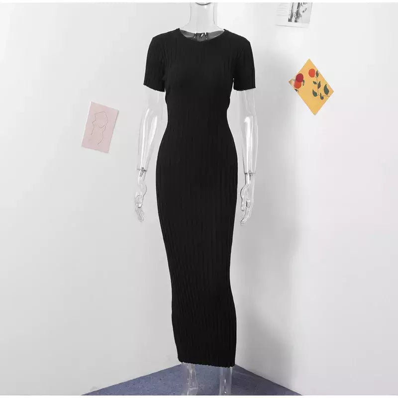 Vestido longo de malha monocromática feminino, manga curta, vestido feminino plissado, gola em O, quadril, primavera, moda verão, feminino, 2022