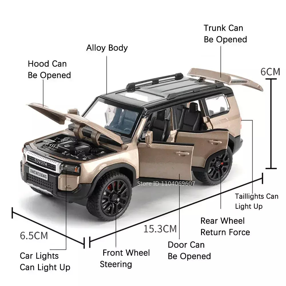 1:32 prado suv modelo de carro brinquedos liga fundição puxar para trás 6 portas abertas som luz veículo off-road presentes para crianças coleção