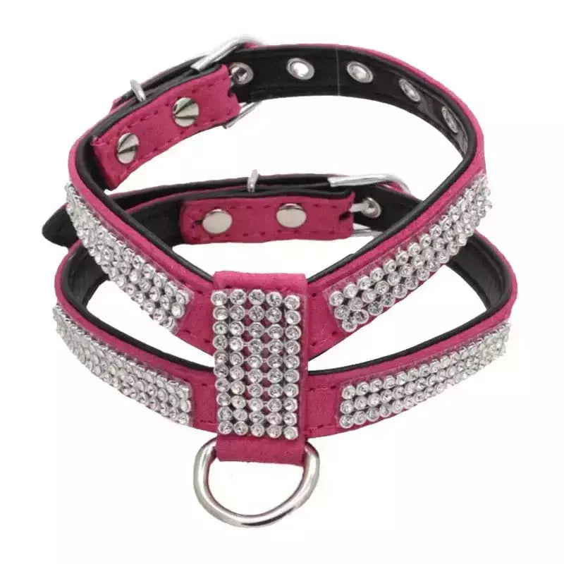 Coleira para cães, cinta peitoral ajustável, produtos para animais de estimação, coleira para cães, liberação rápida, brilhante, em forma de k, strass, couro pu