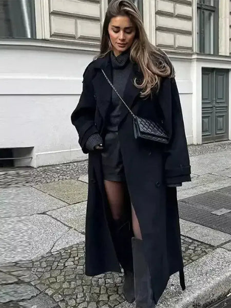 Trench coat maxi oversized feminino com lapela entalhada com cinto duplo breasted vintage streetwear 2025 tendência casual casacos diários