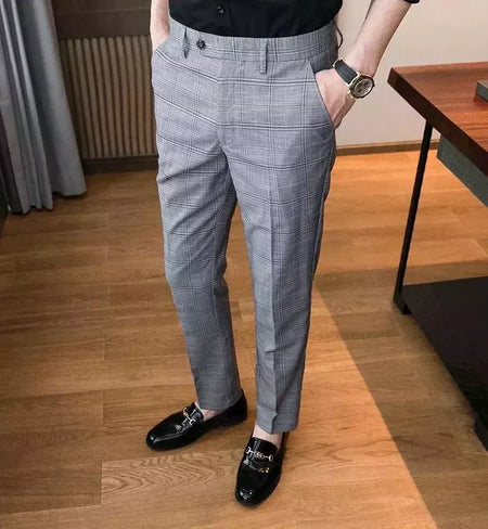 Xadrez masculino anti-rugas calças cortadas, roupas de grife casual, terno masculino reto, verão, fino, barato, designer, cheque, 9
