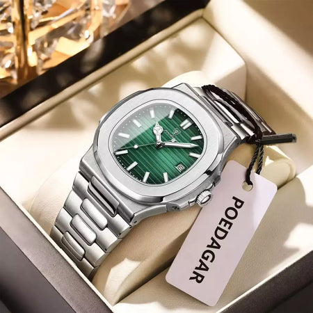 Poedagar quadrado na moda relógio de pulso masculino luminoso à prova dwaterproof água relógio de aço inoxidável para homem data quartzo negócios relógios masculinos reloj