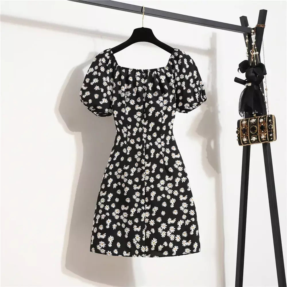Mulheres mini vestidos de verão moda feminina vestidos impressão floral chiffon vestidos shirring plissado manga curta inchado vestido casual