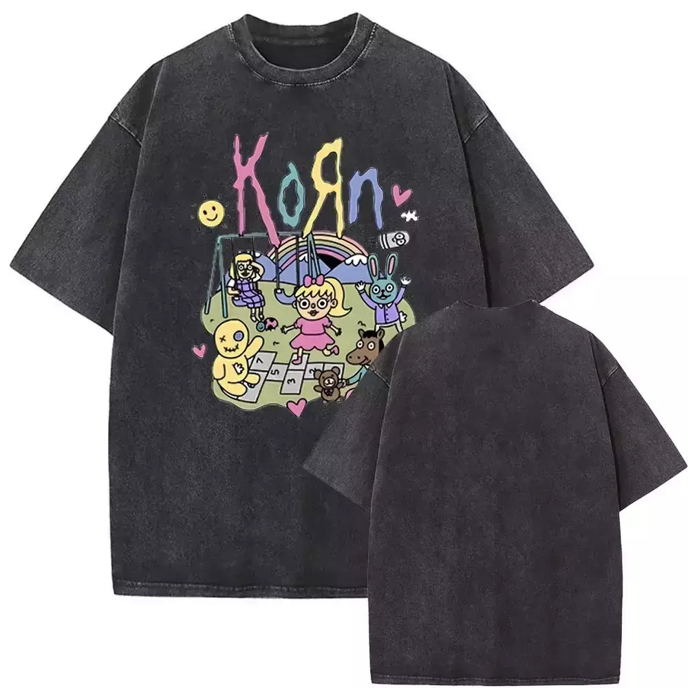 Camisetas com estampa de esqueleto masculinas, banda de rock vintage lavada, Korn caindo longe de mim, camiseta gótica, camiseta masculina extragrande, moda