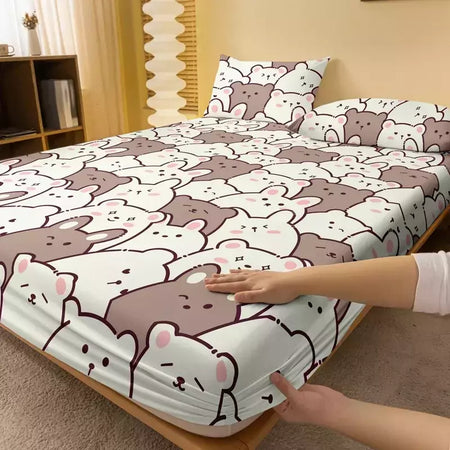 Urso de pelúcia bonito impresso fosco cabido folha para quarto, tampa de cama, cama, 1 desenho animado, excluindo fronhas, bonito