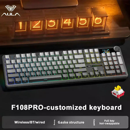 AULA F108 Pro Gaming Mecânico Teclado Tri Mode Personalizado Multi-Pulha Tela RGB Esports Teclado Sem Fio com TFT Smart Display