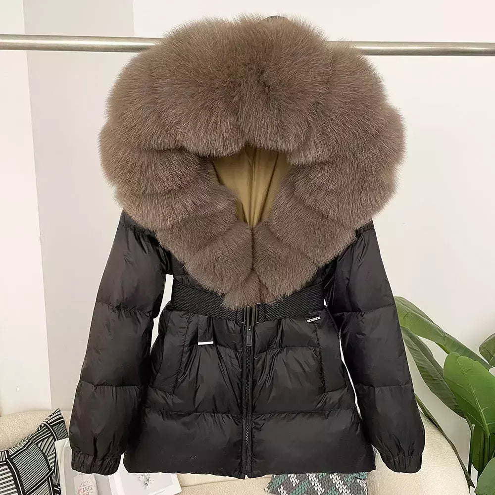 Oftbuy 2024 jaqueta de inverno feminina gola de pele de raposa natural real com capuz grosso quente 90% pato branco para baixo casaco feminino streetwear casual