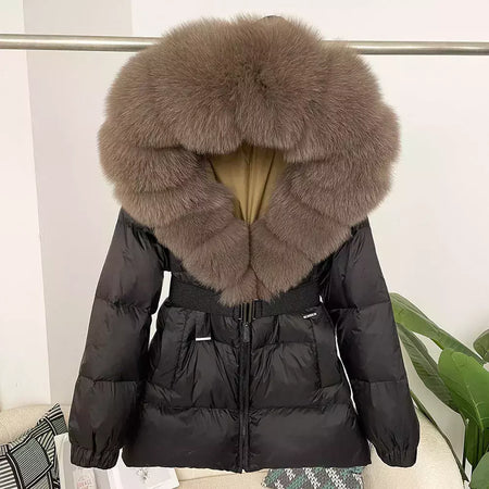 Oftbuy 2024 jaqueta de inverno feminina gola de pele de raposa natural real com capuz grosso quente 90% pato branco para baixo casaco feminino streetwear casual