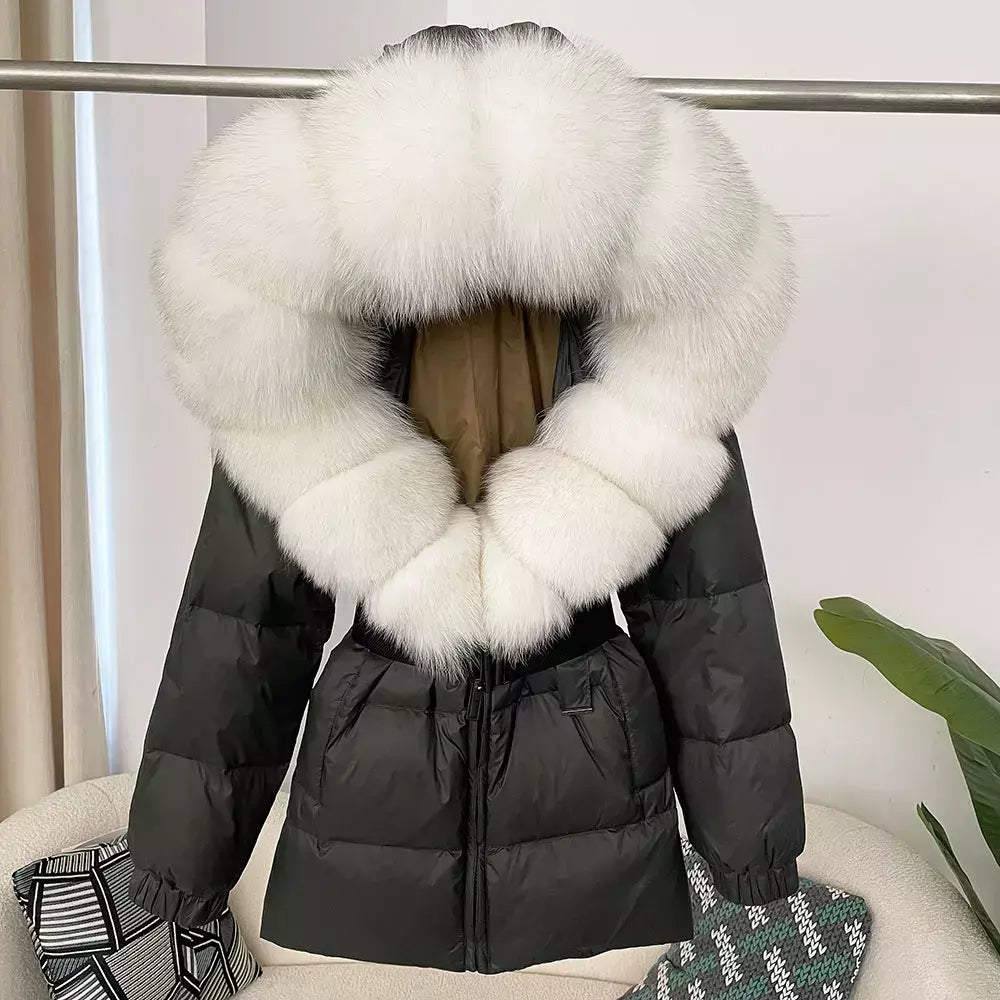 Oftbuy 2024 jaqueta de inverno feminina gola de pele de raposa natural real com capuz grosso quente 90% pato branco para baixo casaco feminino streetwear casual