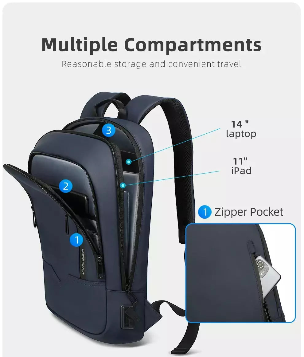 Mochila HK Slim para Homens, Sacos de Laptop, Impermeável, Minimalista, Negócios, Carregamento USB, Casual, Viagem, Trabalho, 15,6";;VERDADEIRO;;"8228-Black