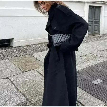 Trench coat maxi oversized feminino com lapela entalhada com cinto duplo breasted vintage streetwear 2025 tendência casual casacos diários
