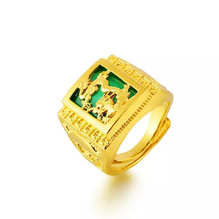 Anel do zodíaco do dragão masculino em ouro 24K AU999 - Dragão polido + contraste do zodíaco fosco, nuvens cinzeladas-flamas, negociação aura completa