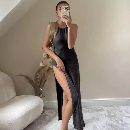 Tecido ver através do vestido maxi, Elegante Halter Beachdress, Sexy Slit Bodycon, Vestido de verão, Beachdress, Ver através, 2022