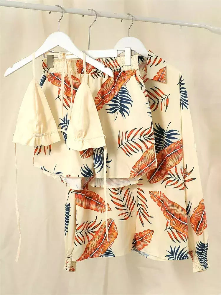 Fato de banho feminino de três peças, moda praia sexy, biquíni de cintura alta, maiô estampado, shorts para cobrir, moda praia de verão, novo 2024