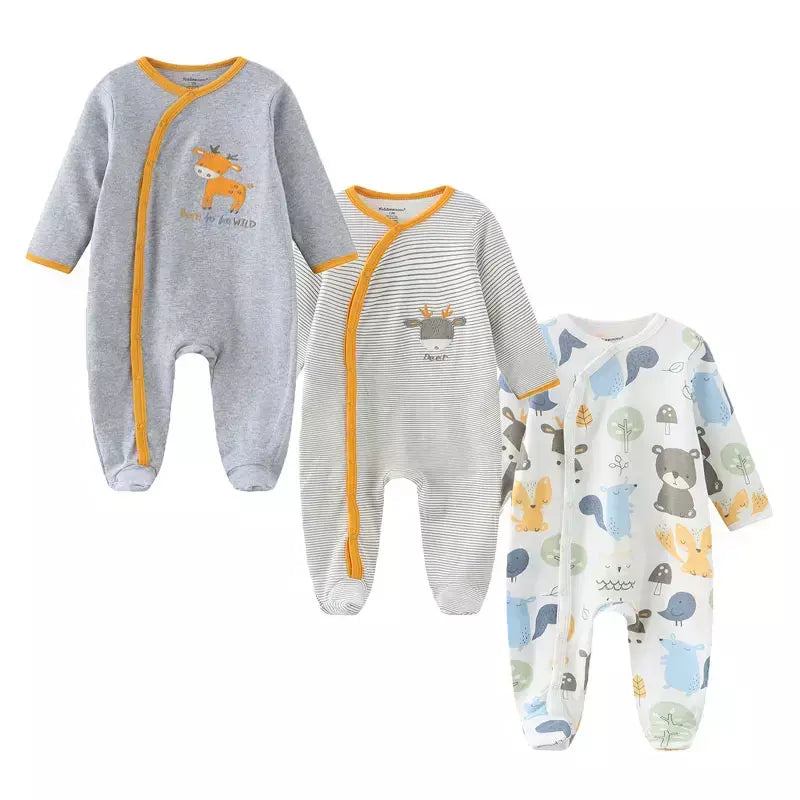 Kiddiezoom 3 pçs/lote outono inverno unisex dos desenhos animados manga longa bebê menino menina macacão 100% algodão macio recém-nascido macacões roupas