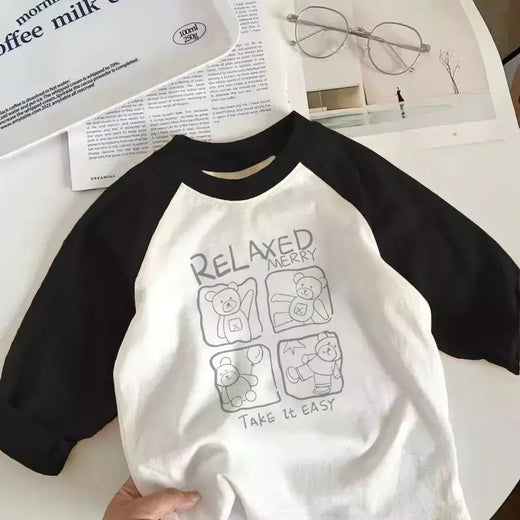 T-shirt de manga comprida para menino e menina, top de algodão puro, design cartoon, novo outono e inverno