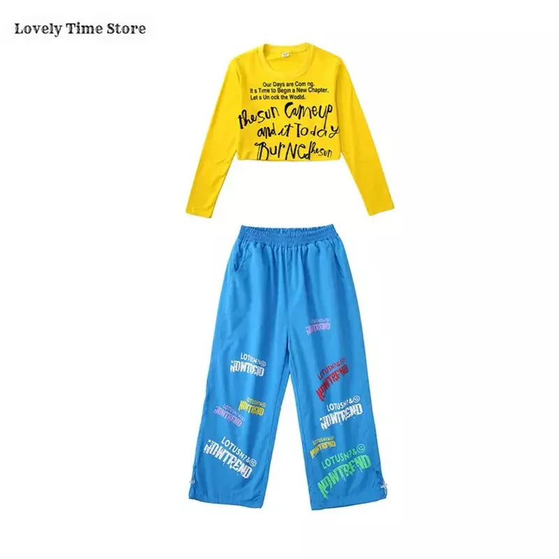 Meninas hip hop letras colheita topo graffiti joggers calças crianças k-pop roupas de dança de rua conjunto crianças menina grupo streetwear traje