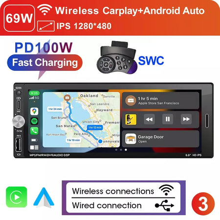 Lehx 6.9 Polegada 1din universal mp5 rádio do carro suporte sem fio carplay android auto aux ips tela de toque reprodutor vídeo multimídia