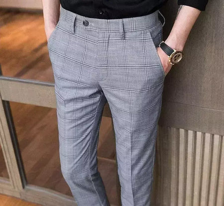 Xadrez masculino anti-rugas calças cortadas, roupas de grife casual, terno masculino reto, verão, fino, barato, designer, cheque, 9