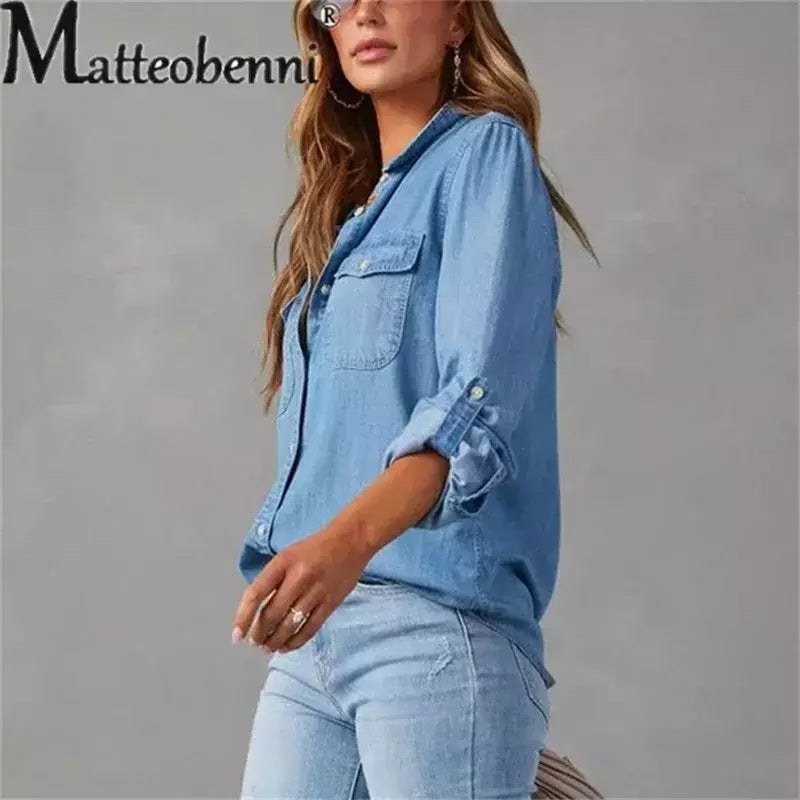 Camisa jeans fina de peito único feminina, bolso de emenda, manga longa, tops de lapela, confortável, blusa casual para mulheres, outono
