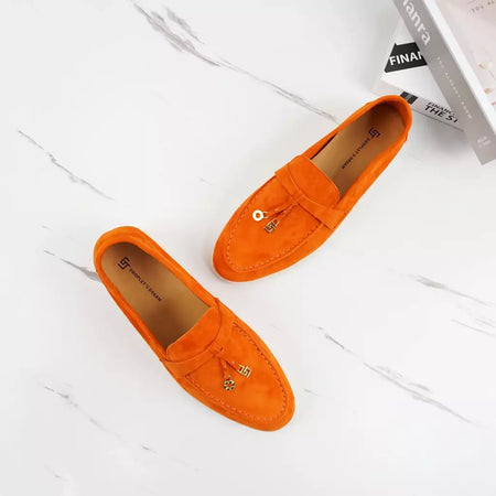 Sapatos de mula de camurça antiderrapante para mulheres, sapatos para dirigir, pingente de metal, marca de luxo, moda casual confortável, Le Fu