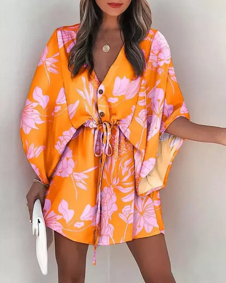 Mini vestido solto com cordão feminino, manga de batwing, botão sexy, gola V, cobertura de festa, estampa moda praia, verão