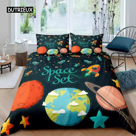 Conjunto de cama para meninos da aviação dos desenhos animados, astronauta Duvet Cover, Blue Sky Dream Quilt Cover, gêmeo, único, tamanhos duplos, fronha