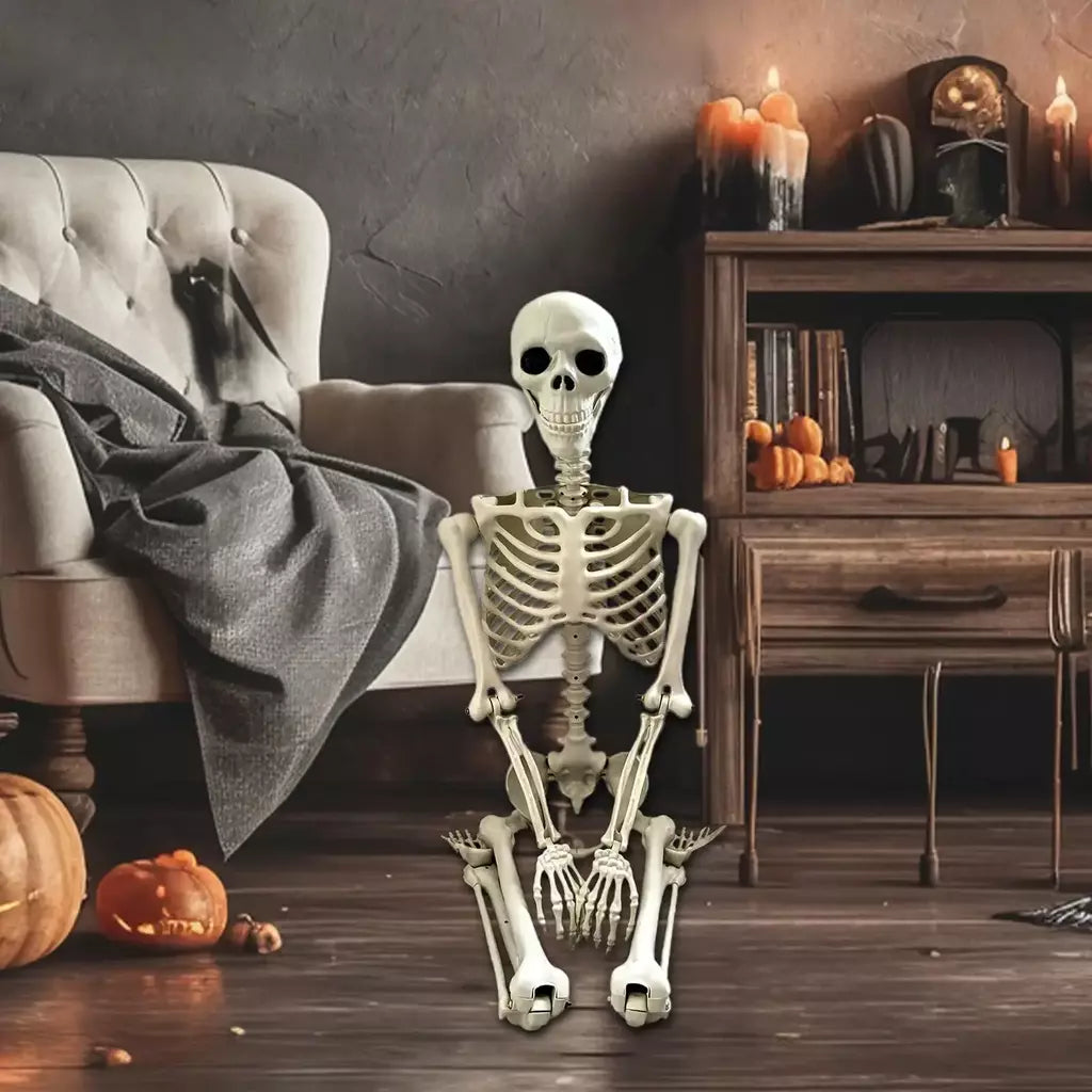 Esqueleto de halloween em tamanho real, esqueleto humano com articulações posáveis, resistente às intempéries, decoração de jardim, adereços fotográficos assustadores para feriados