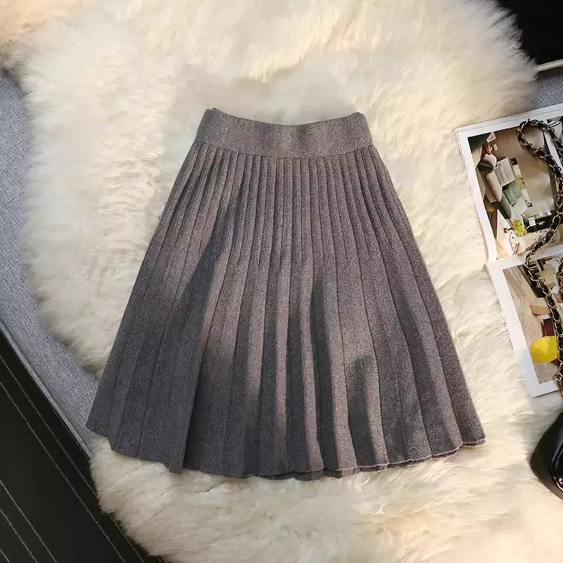 Míni saia plissada de malha feminina, cintura alta elástica, saia guarda-chuva linha A, casual sexy, curta, outono, inverno