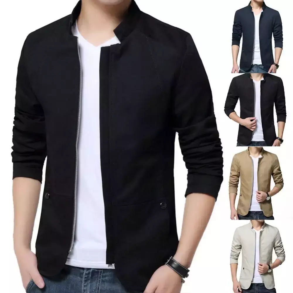 Blazer casual masculino com gola de suporte, jaqueta de negócios elegante, casaco monocromático com bolsos de zíper fino e fino, primavera e outono