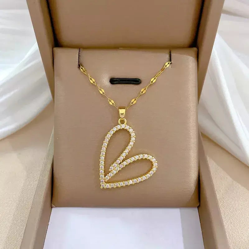 Colares Coração de Zircônia em Aço Inoxidável Mulheres Colar Metal Cor Dourada Festa de Aniversário Joias Diárias para meninas, Trendy and Love