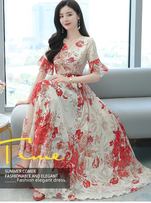 Vestido longo com cintura feminina, elegante vestido emagrecedor, manga curta, na moda