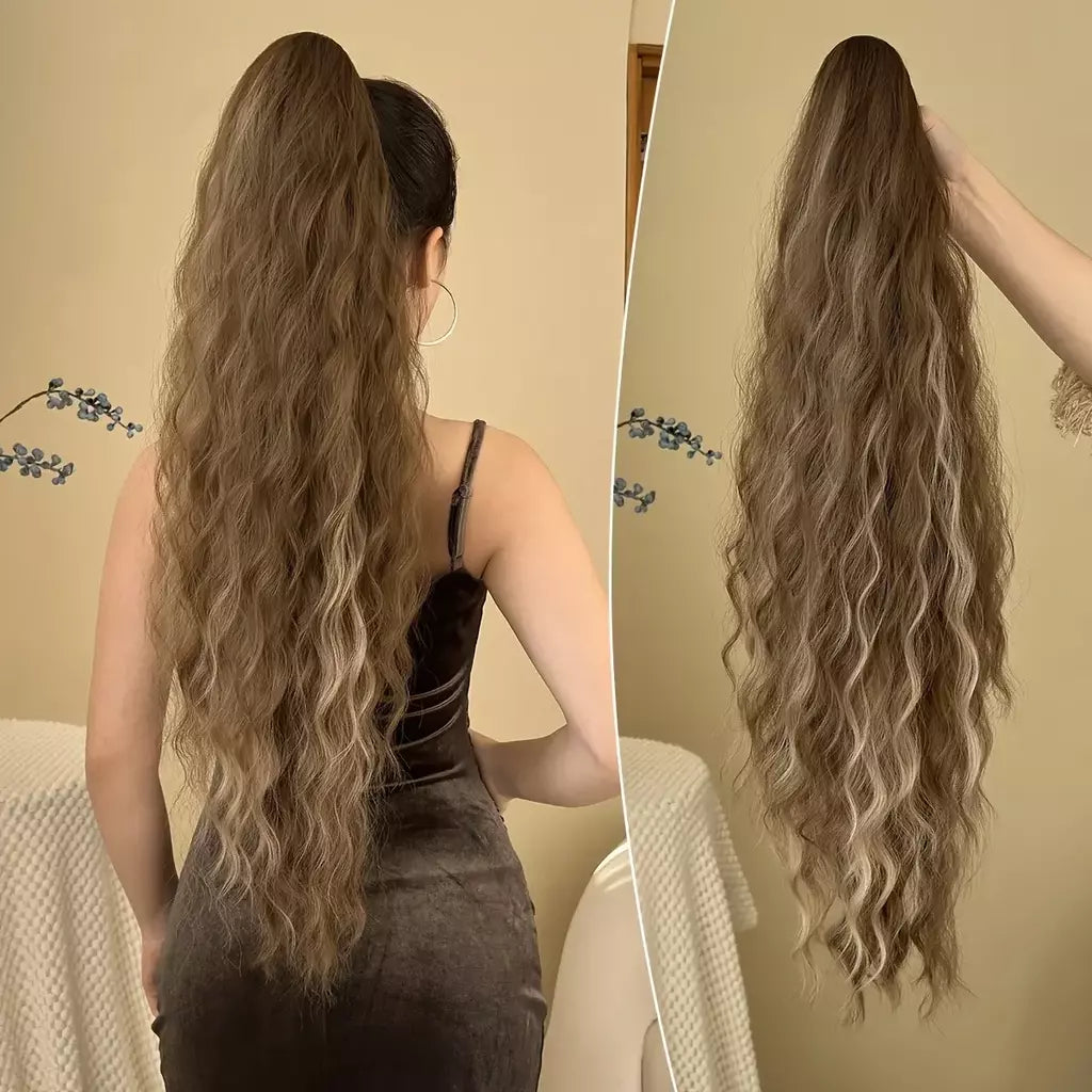 Aoosoo sintético água rabo de cavalo extensão do cabelo clipe no rabo de cavalo da mulher acessórios para o cabelo longo encaracolado peruca natural encaracolado preto
