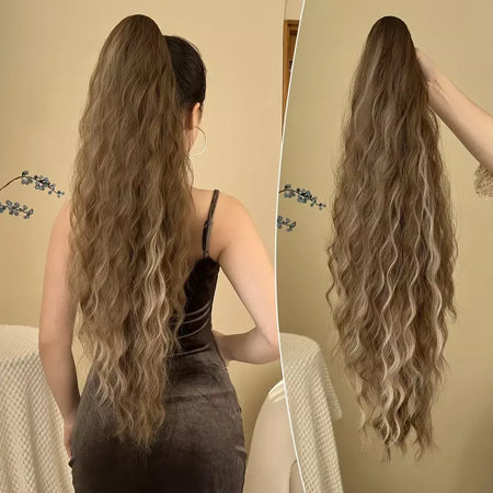 Aoosoo sintético água rabo de cavalo extensão do cabelo clipe no rabo de cavalo da mulher acessórios para o cabelo longo encaracolado peruca natural encaracolado preto