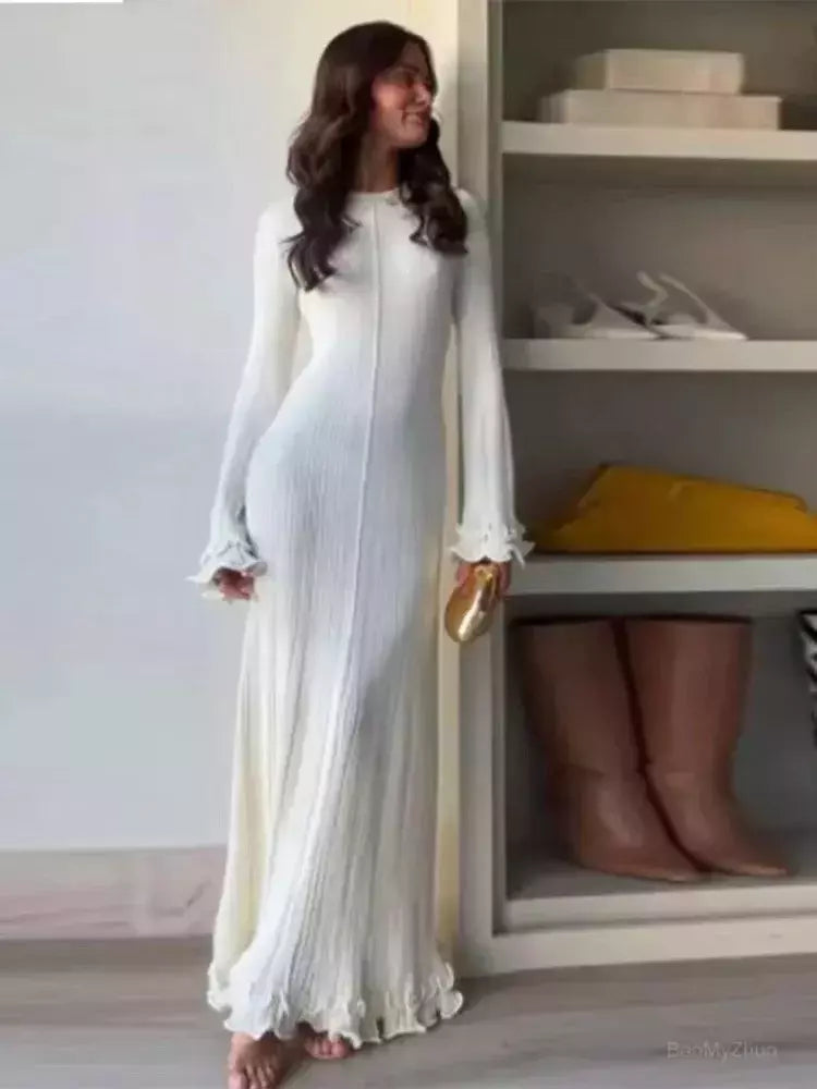 Elegante vestido de malha de manga comprida feminino, gola redonda, vestes finas brancas, vestidos de festa femininos, moda feminina, verão, outono, novo, 2022